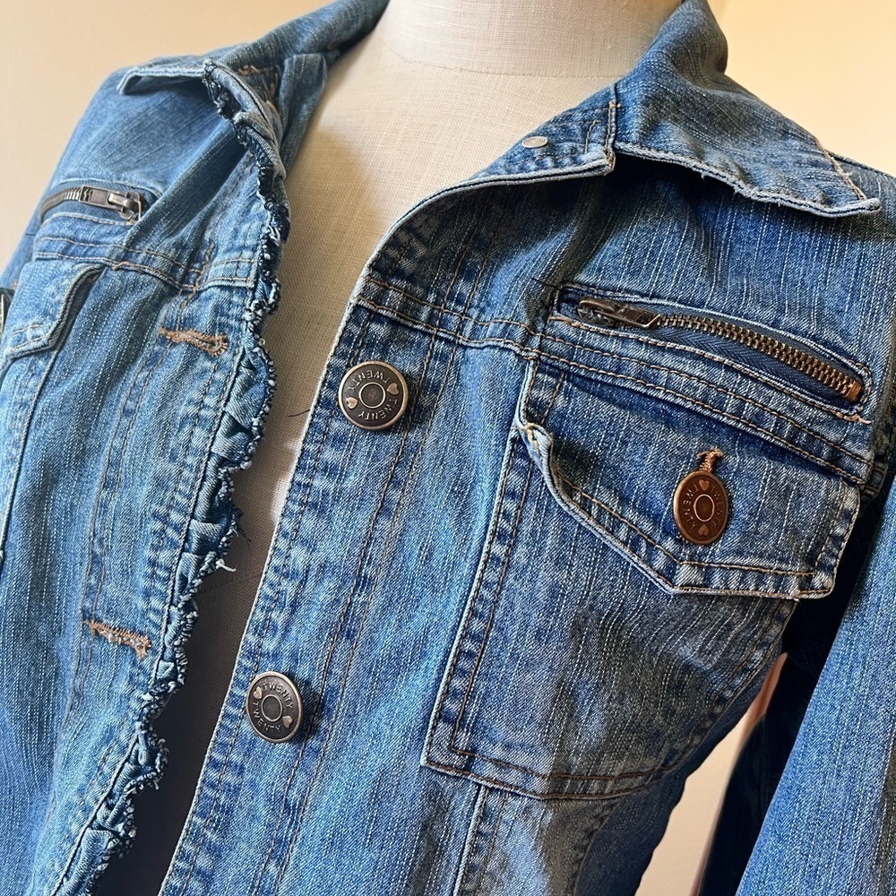 Twenty Twenty Medium Military Jean Jacket Ruffles Edgy Zippers - Picture 4 of 8